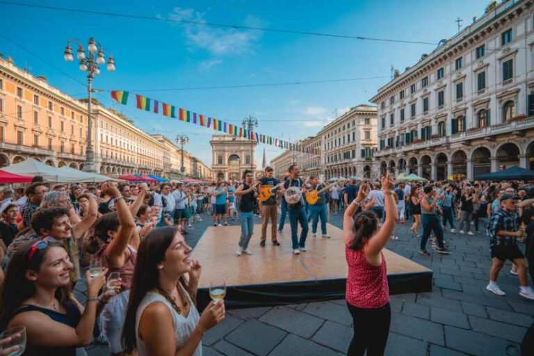 Outdoor street festival with a band performing on a portable stage in a city square, crowd dancing and enjoying drinks under colorful banners.