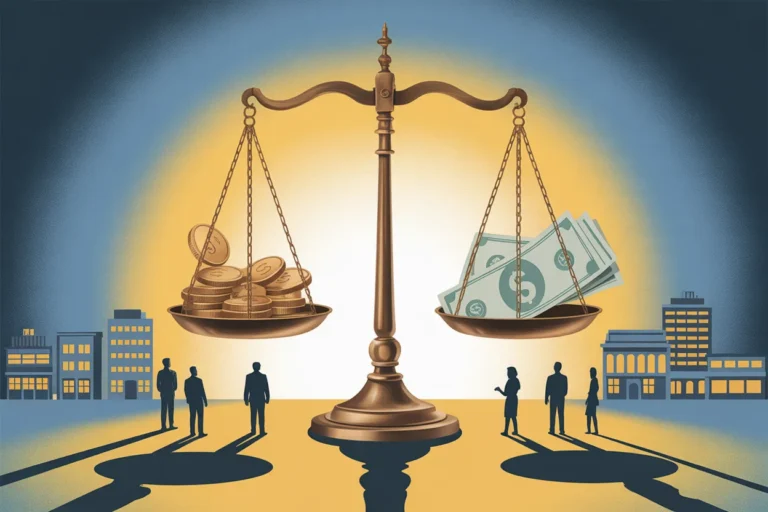 Scale of justice balancing coins on the left and cash on the right, set against a cityscape, symbolizing wealth inequality and financial justice