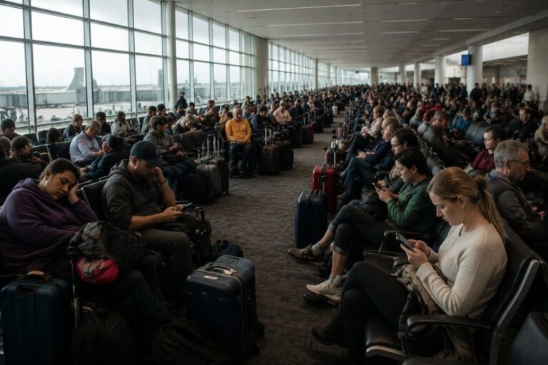 Busy airport departure hall with travelers seated in rows and luggage scattered around.