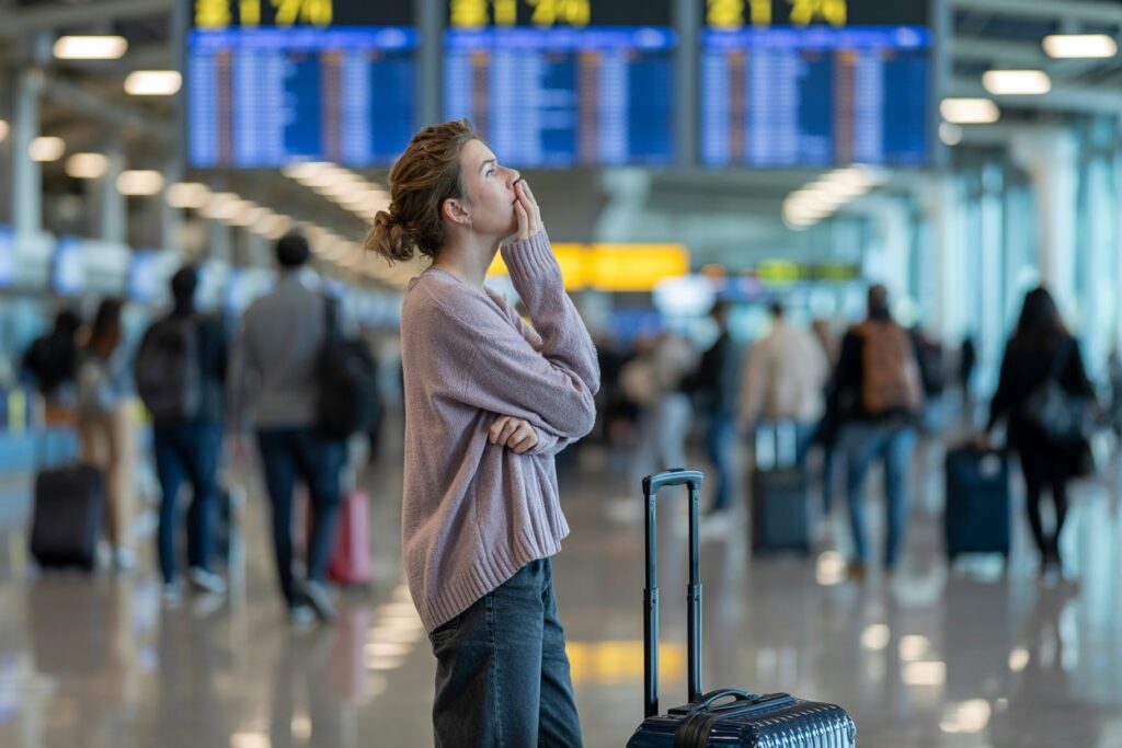 Woman in a purple sweater stands with a rolling suitcase in a busy airport, gazing up at departure boards.