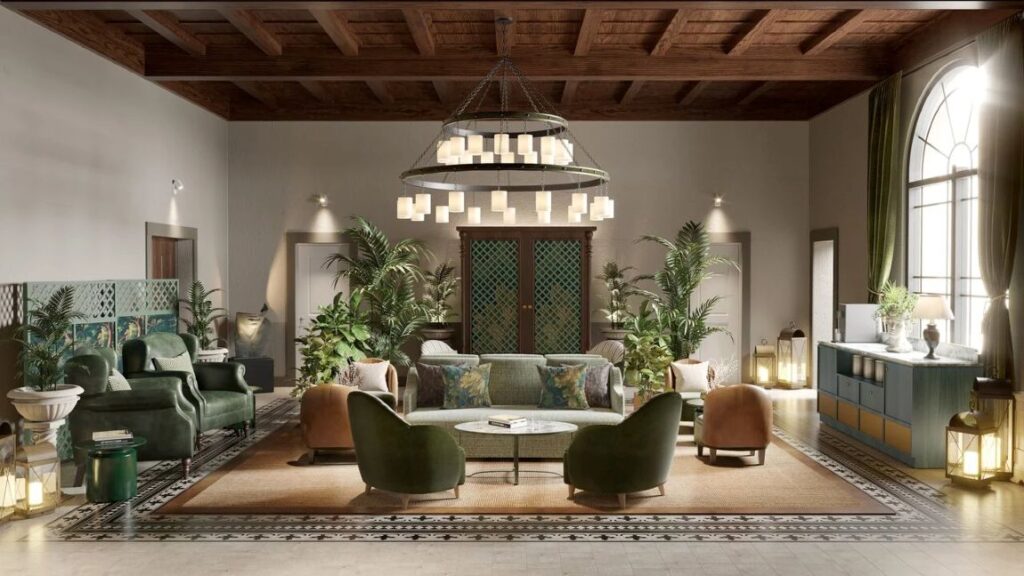 Luxurious living room with green and brown seating, lush plants, and a circular chandelier.