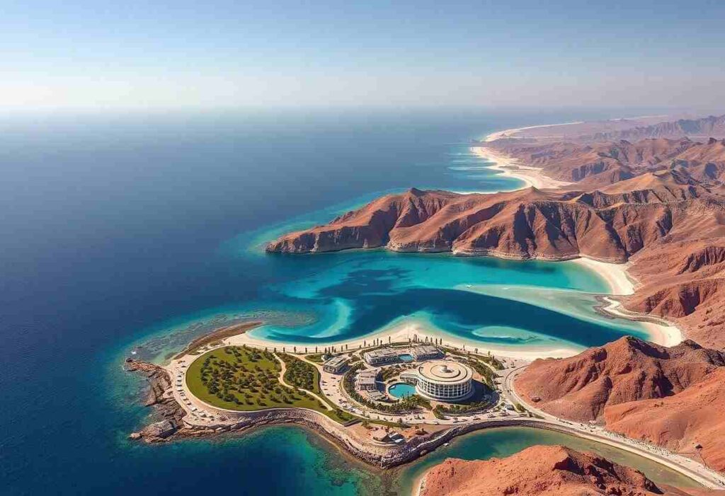 Aerial view of a seaside resort on a curved peninsula with a circular central building, green lawns, and turquoise lagoons set against red cliffs and blue ocean.