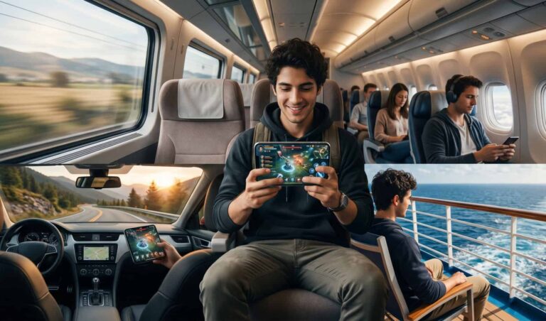 Passengers on a train or bus ride, with the foreground man smiling while playing a game on a tablet and others using phones nearby.