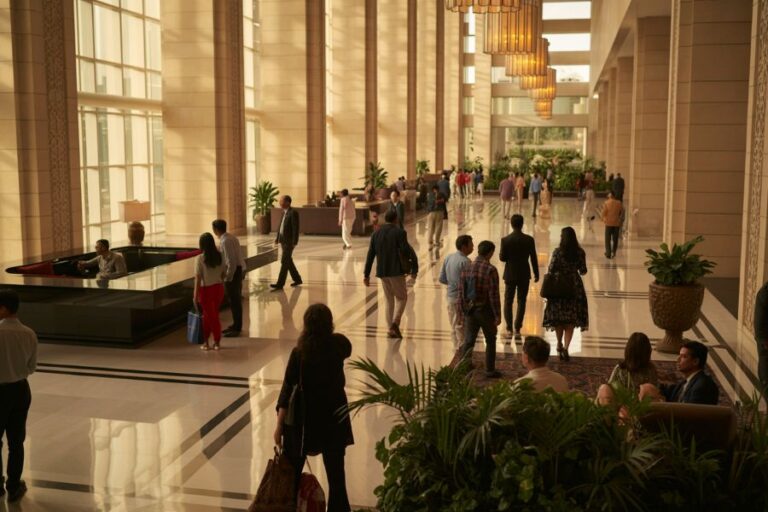 Busy hotel lobby with tall windows, marble floors, and people walking or standing near a reception area.