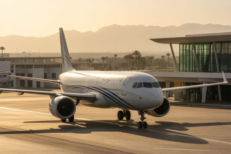 Airplane on the runway at a sunny airport, with the terminal building and palm trees in the background at sunset.