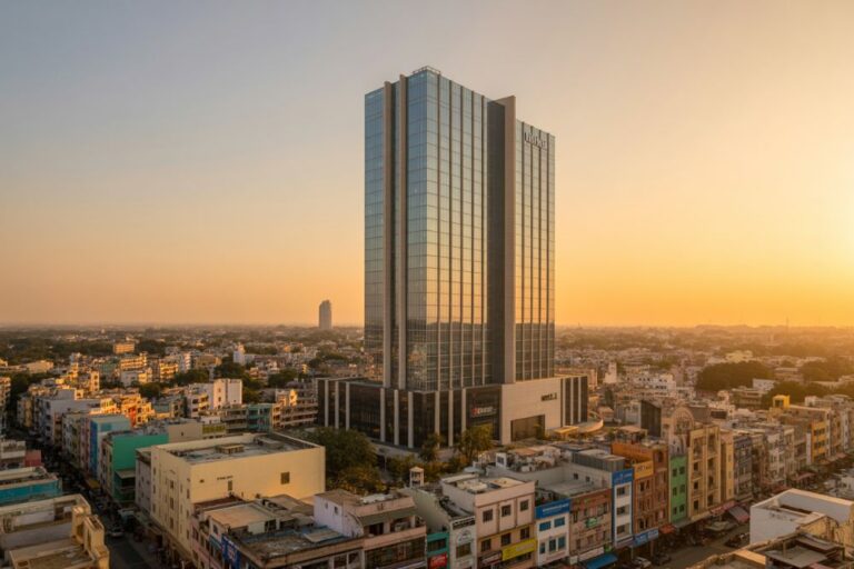 Tall glass skyscraper rising above a dense urban area at sunset.