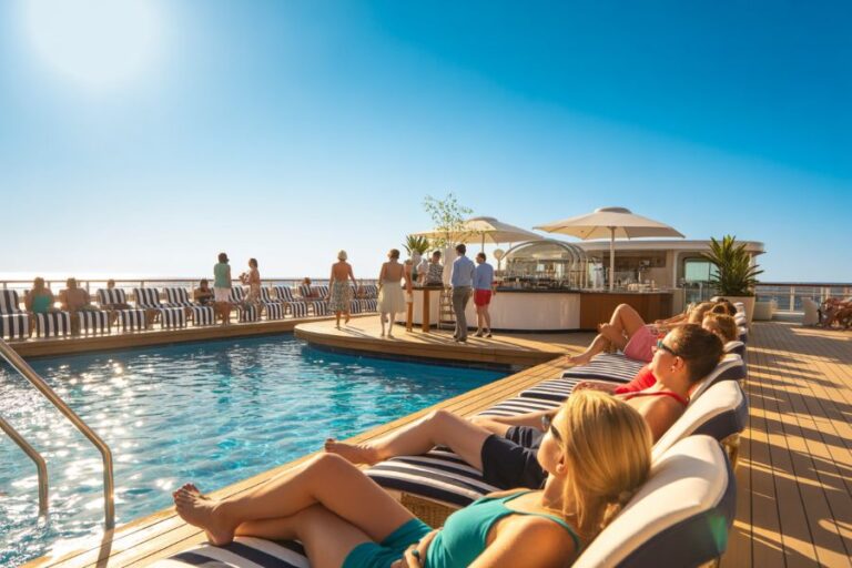 People relax by a pool on a cruise ship deck, lounging on striped chairs with a bar and umbrellas in the background under a bright blue sky.