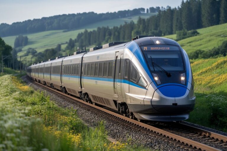 High-speed silver train with blue accents traveling along a curved railway through green fields in a rural landscape.