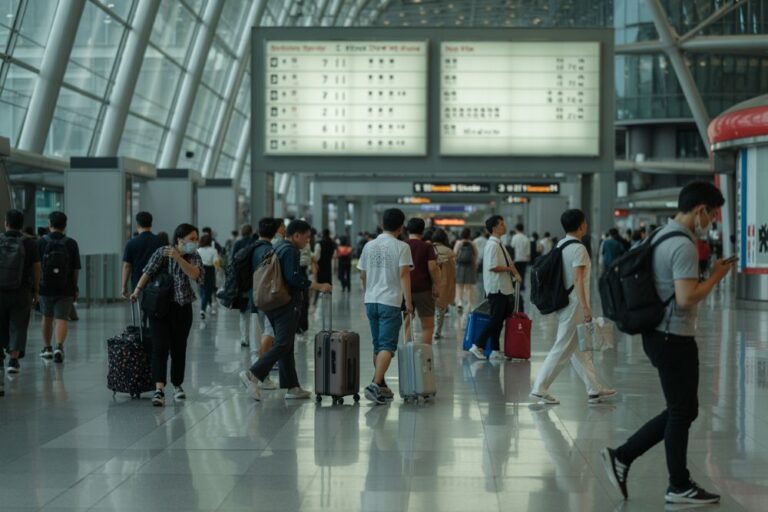 Busy airport concourse with travelers pulling rolling suitcases and carrying backpacks under a glass roof.