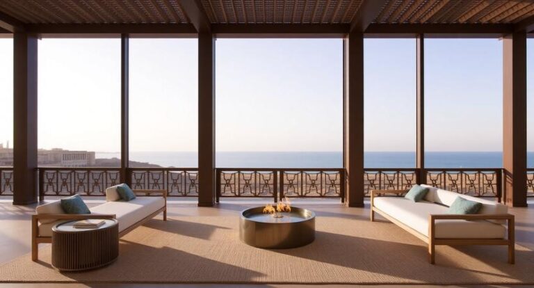 Lounge area with two white couches facing a glass balcony and an ocean view, centered by a round fire pit.