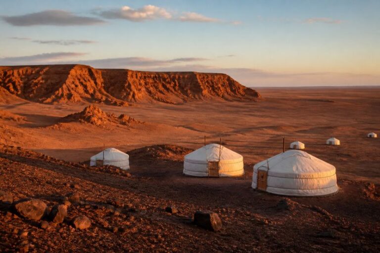 Row of white traditional yurts in a desert valley at sunset with rocky red cliffs in the distance.”,