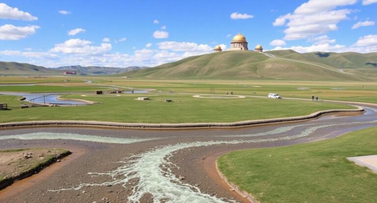 Wide landscape view of a grassy park with a winding water channel and circular ponds, and a hill topped by a gold-domed building under a bright blue sky.