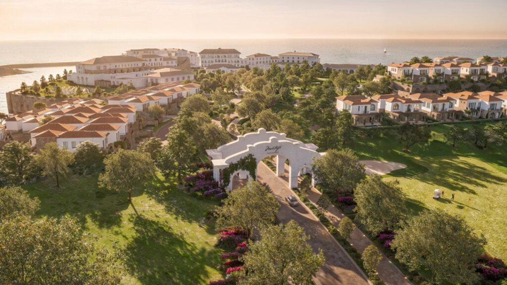 Aerial view of a coastal resort with white buildings, red-tiled roofs, and lush green gardens framed by a large white arch at the entrance.