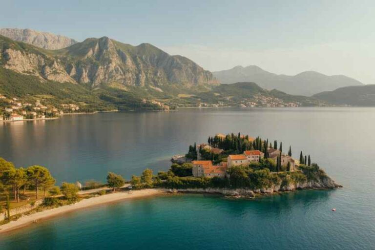 A small island with red-roofed buildings and tall cypress trees in turquoise water, backed by mountains on the horizon.
