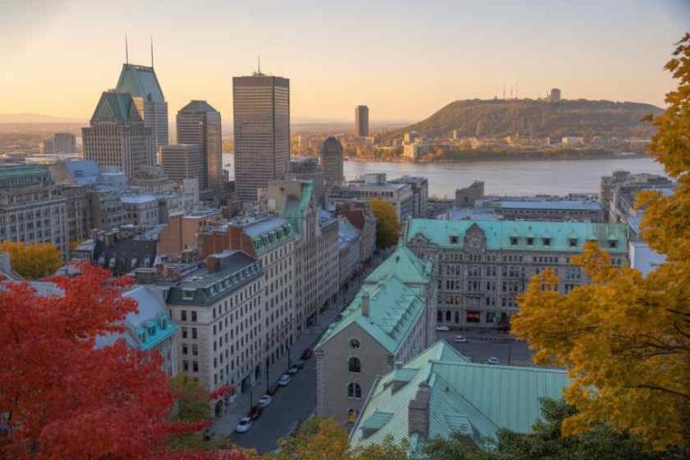 Aerial view of a city skyline at sunset with a river in the background and autumn-colored trees in the foreground.