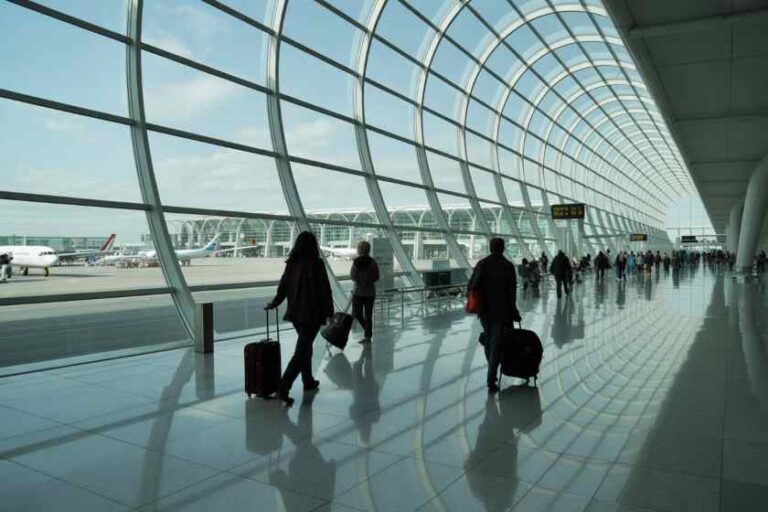 People with rolling luggage walk through a bright, curved-glass airport terminal with a reflective floor.
