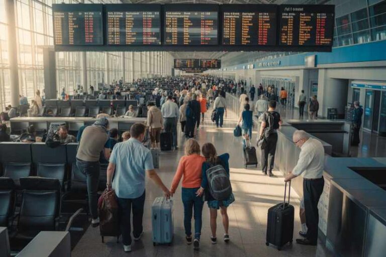 Busy airport terminal with travelers and luggage under large departure boards.