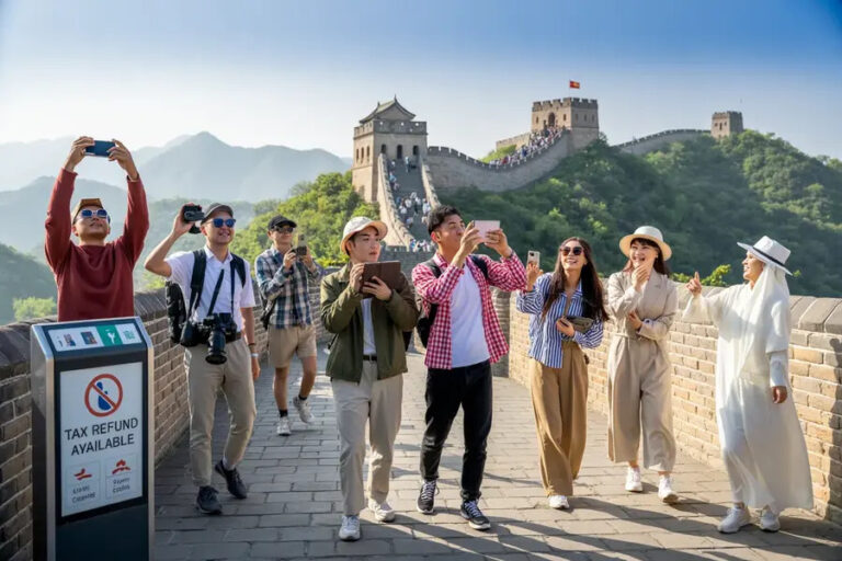 Tour group on the Great Wall of China taking selfies and photos, with the stone walkway and distant hills in the background.