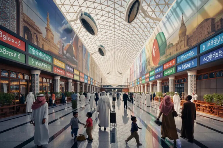 Busy indoor market/concourse with people walking past shops, colorful multilingual signs, and a geometric skylight ceiling.
