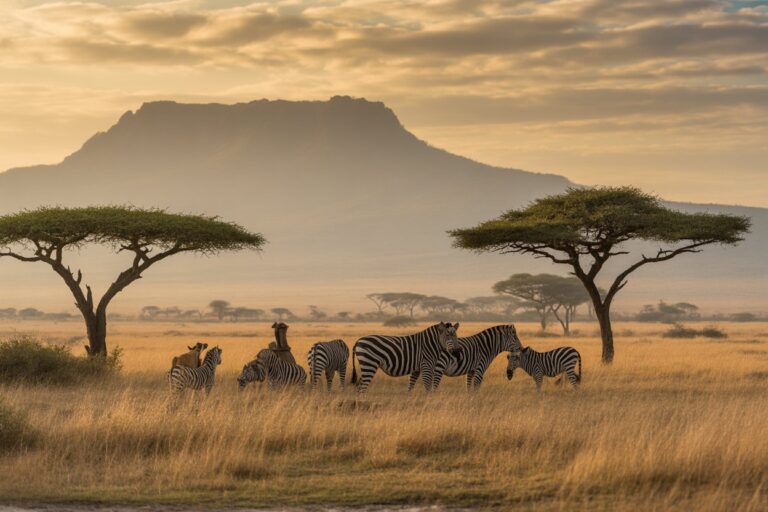 Herd of zebras grazing in a golden savannah with flat-topped acacia trees and a distant mountain at sunset.