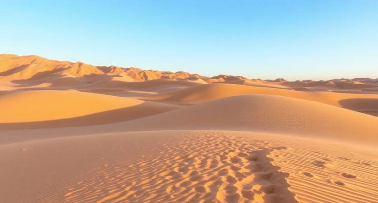 Vast desert landscape with rolling golden sand dunes under a clear blue sky, foreground shows footprints in the sand.