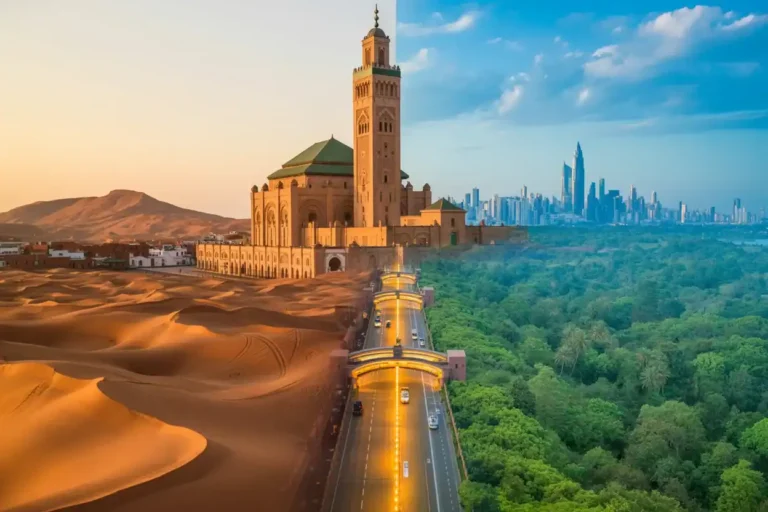 Desert dunes on the left and green forest on the right converge on a large beige mosque with a tall minaret at center, connected by a road over a bridge toward a distant city skyline.