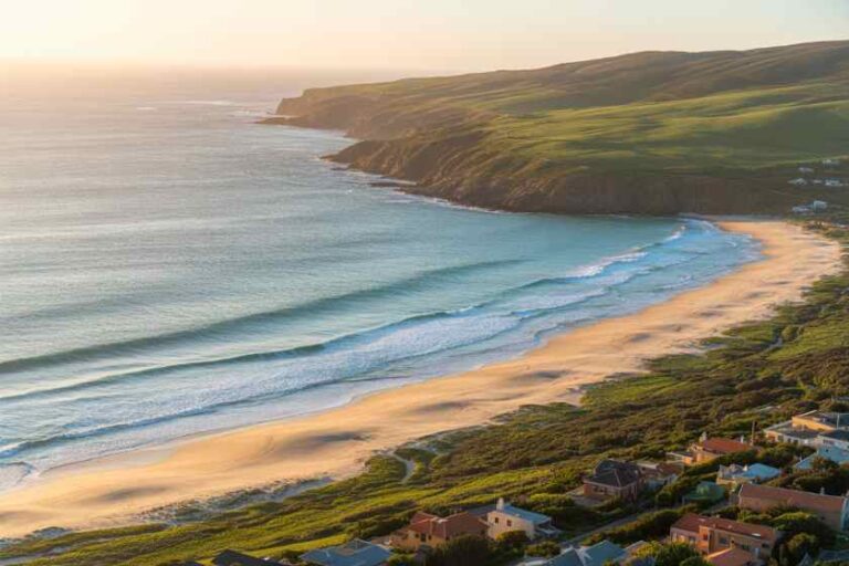 Sunset over a coastal town with a sandy beach, rolling waves, and green cliffs along the shoreline.