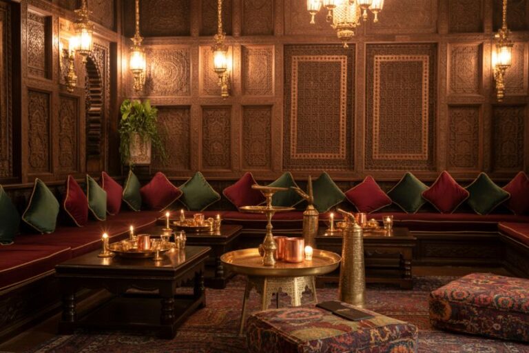 Luxurious Moroccan-inspired lounge with intricately carved wooden walls, warm lantern light, and a long sofa lined with green and burgundy cushions.