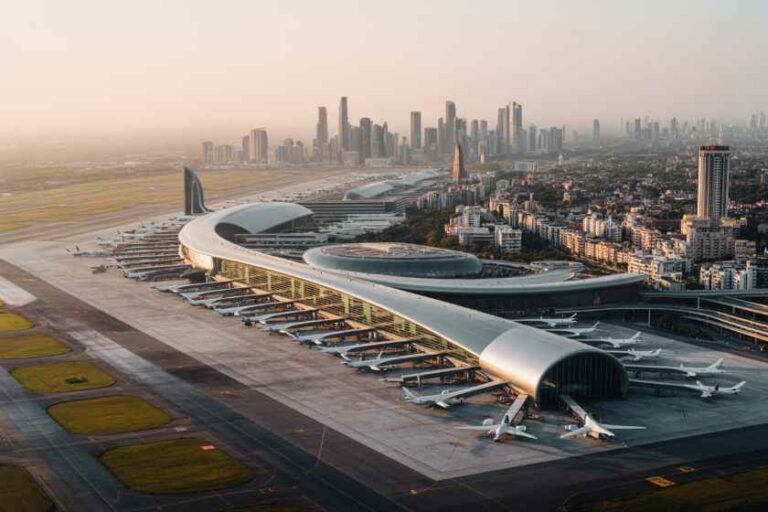 Aerial view of a modern airport terminal with multiple airplanes lined up at gates and a city skyline in the background at sunset.