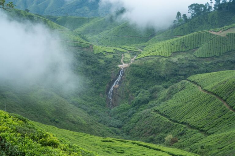 Terraced tea plantations on misty green hills with a narrow waterfall in the valley.