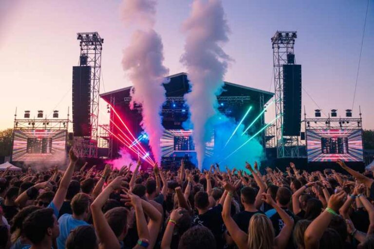 Large outdoor concert crowd with hands raised in front of a brightly lit stage and colorful laser lights.
