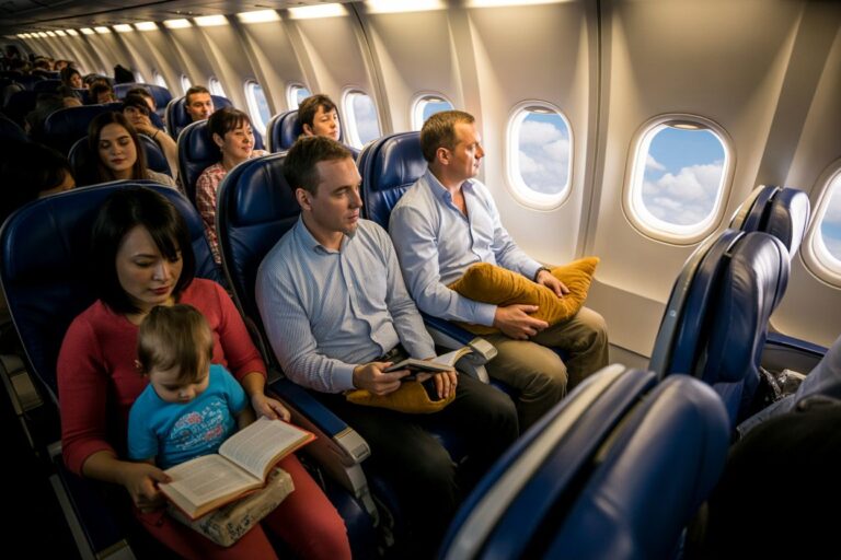 Mom with child reading a book together in a plane cabin, other passengers nearby in blue seats.