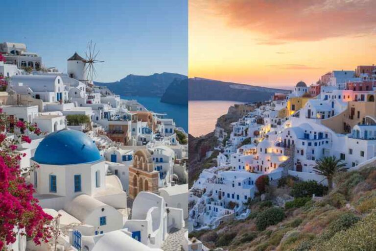 Split view of Santorini: left shows white-washed town with blue-domed churches by the sea; right shows a sunset-lit cliffside village above the water.
