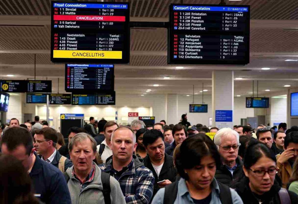 Crowded airport concourse with travelers walking beneath large flight information screens showing cancellations.