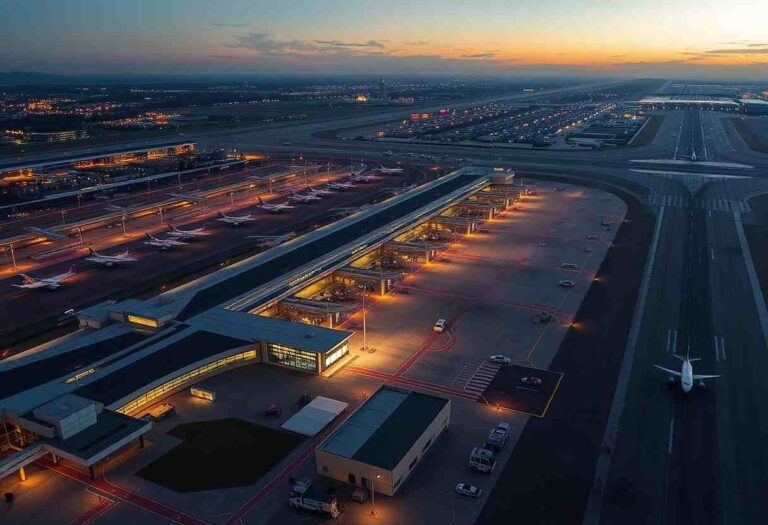 Aerial view of a modern airport terminal and apron at dusk with multiple parked airplanes.