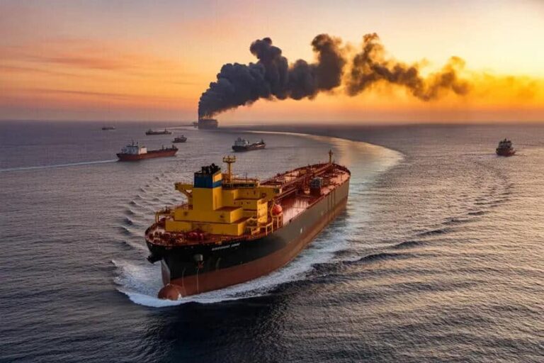 Large cargo ship with a yellow superstructure sails through calm ocean at sunset, dark smoke rising from a distant source.