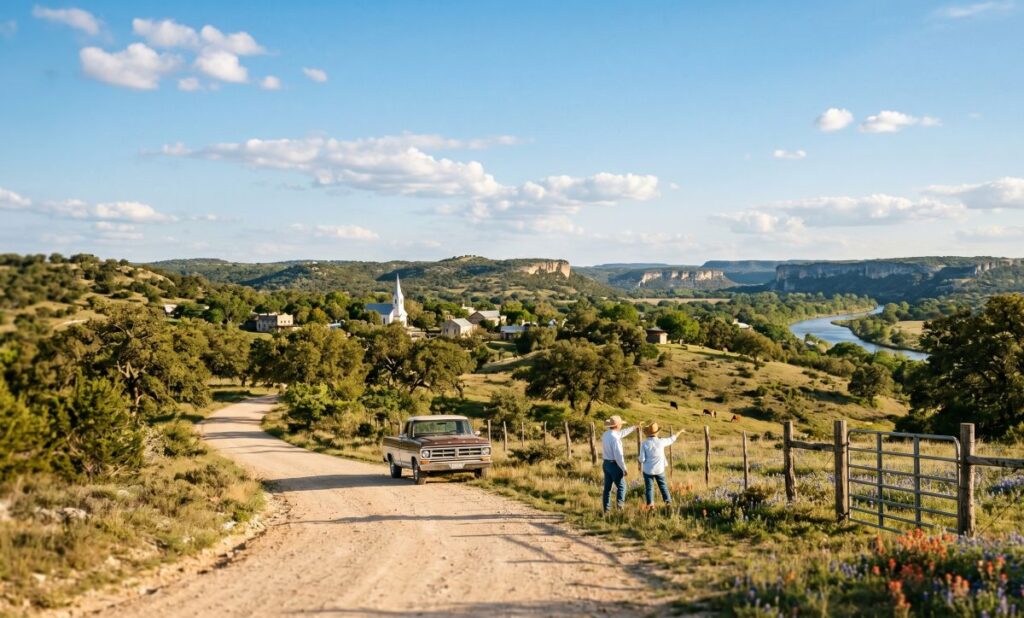 Two people in casual clothes stand by a wooden fence on a dirt road, looking over a rural valley with a church, houses, and a winding river.