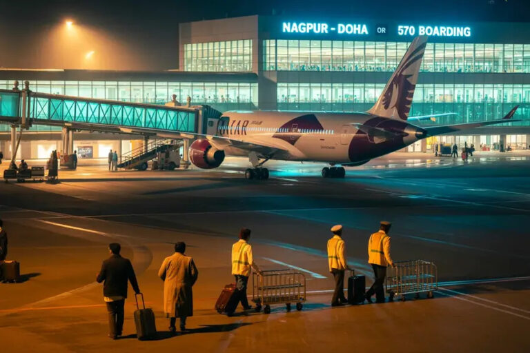 Nighttime airport tarmac with a passenger jet at a gate and ground crew guiding luggage carts nearby.