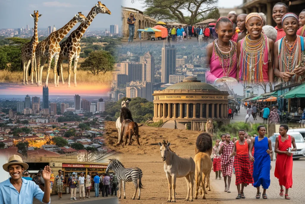Collage of African scenes: giraffes, city skyline, market crowds, traditional dancers, and camels.