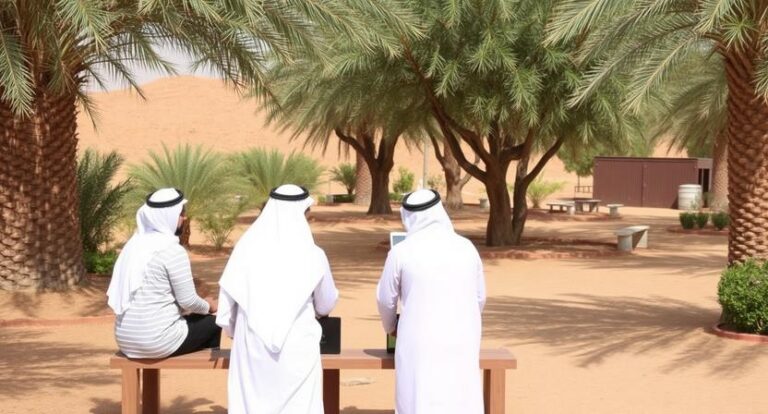 Three men in white thobes and head coverings sit on a wooden bench outdoors, working on laptops under palm trees in a desert oasis setting.