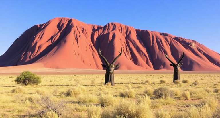 Two black antelopes with large curved horns stand in a dry desert plain, a massive red rock formation and blue sky behind them.