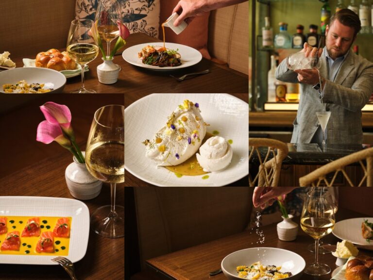 Collage showing a luxury restaurant scene: plated entrees, wine glasses, a bartender pouring a drink, and a pink flower vase on a wooden table.