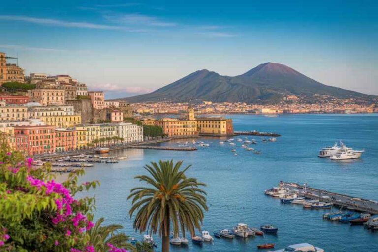 Colorful hillside town along a calm blue harbor, with a palm tree in the foreground and a distant volcanic mountain.