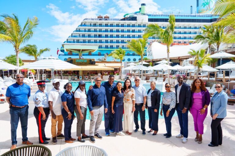 Diverse group of professionals posing together at a resort pool with a cruise ship in the background.