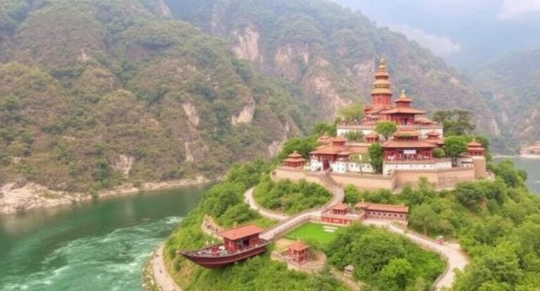 Temple complex with red-roofed pagodas on a green hill overlooking a winding river.