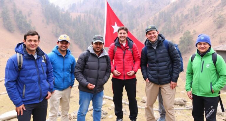 Six men in colorful jackets posing together on a hillside with a red flag behind them.