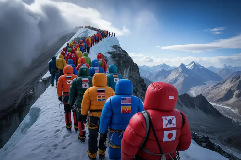 Group of climbers in bright jackets marching along a snow-covered mountain ridge with a backdrop of alpine peaks and blue sky.