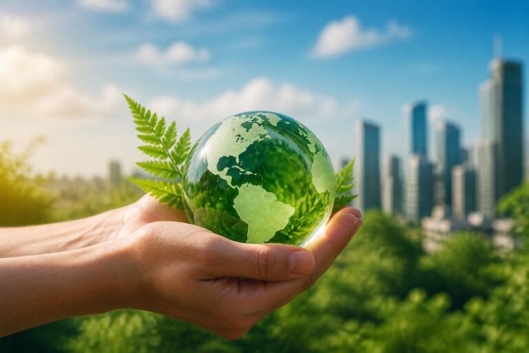 Hands cradle a glass globe showing green continents, with a fern leaf and a city skyline in the blurred background.