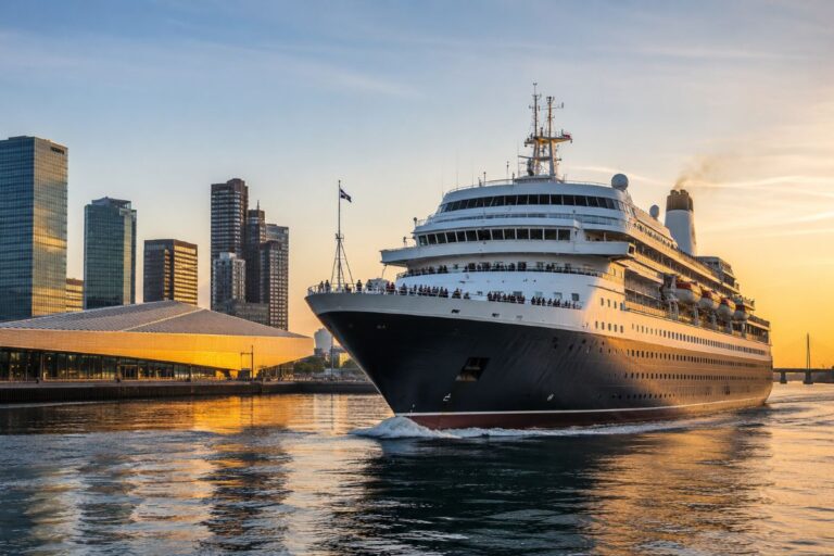 Cruise ship sailing toward a city harbor at sunset, with skyline buildings in the background.