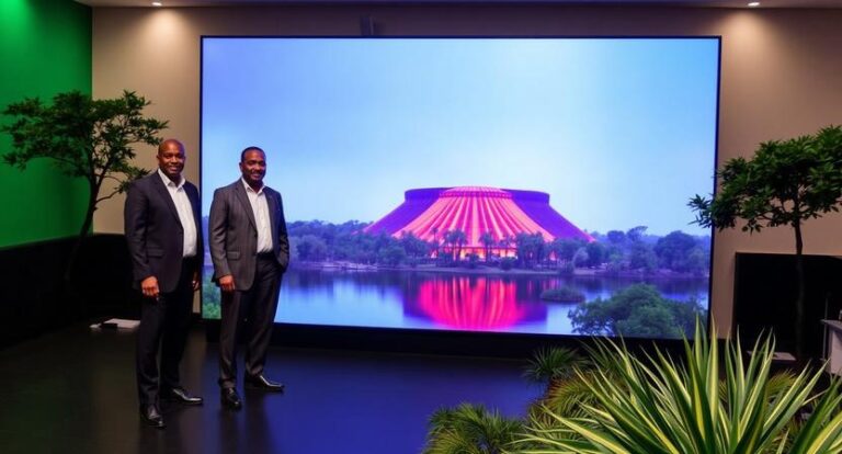 Two men in suits pose in a studio beside a large screen showing a pink-lit, lakeside building with reflections in the water.
